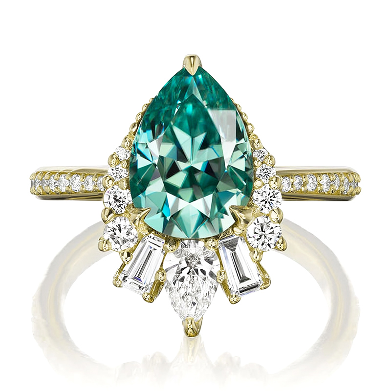 Unique Pear Cut Aqua-Teal Halo Engagement Ring