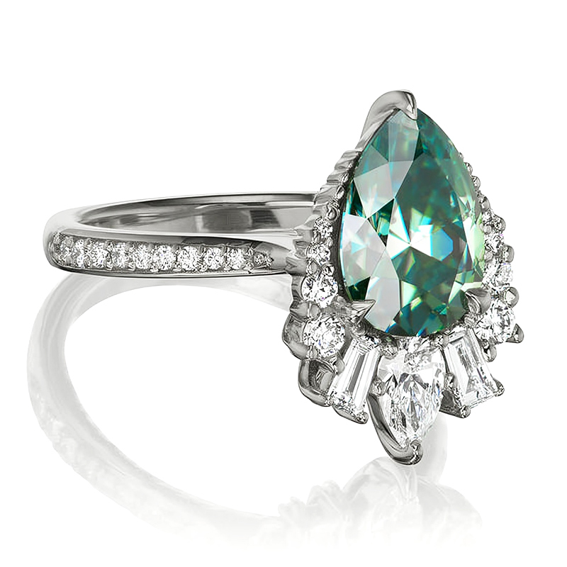 Unique Pear Cut Aqua-Teal Halo Engagement Ring