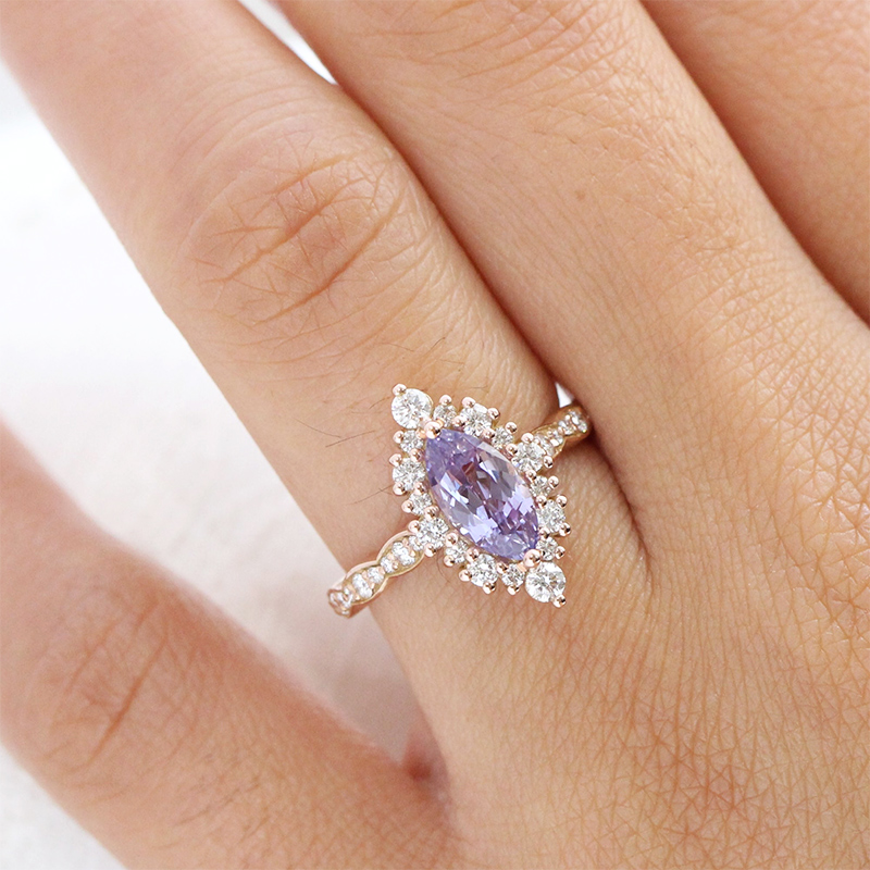 Marquise Cut Lavender Sapphire Halo Engagement Ring in Rose Gold