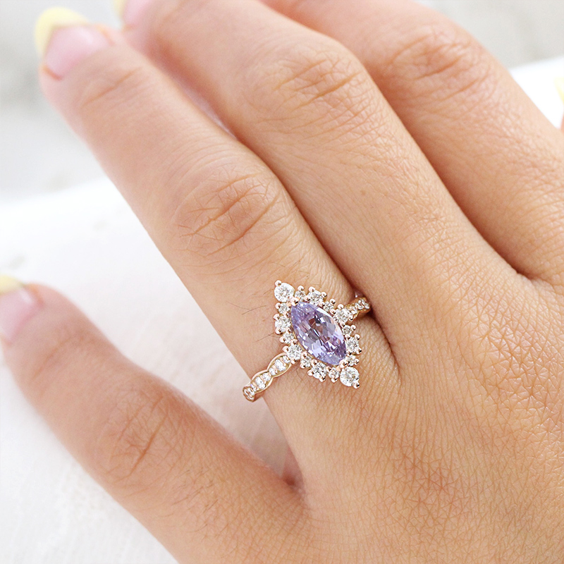 Marquise Cut Lavender Sapphire Halo Engagement Ring in Rose Gold