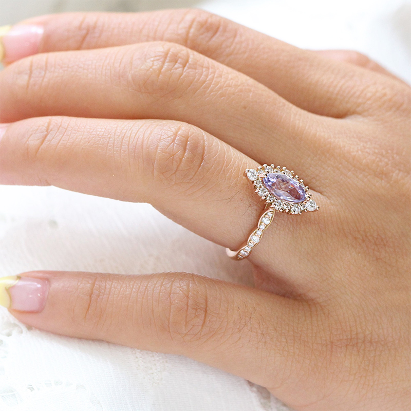 Marquise Cut Lavender Sapphire Halo Engagement Ring in Rose Gold