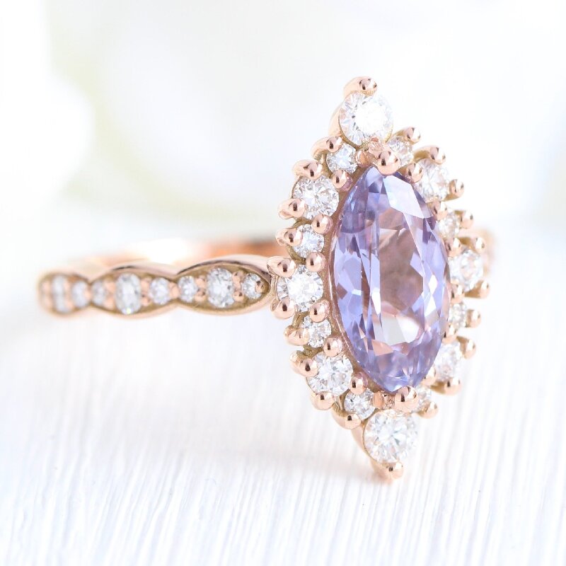 Marquise Cut Lavender Sapphire Halo Engagement Ring in Rose Gold