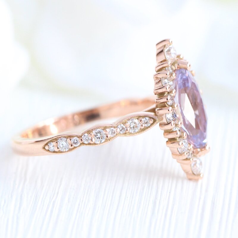 Marquise Cut Lavender Sapphire Halo Engagement Ring in Rose Gold