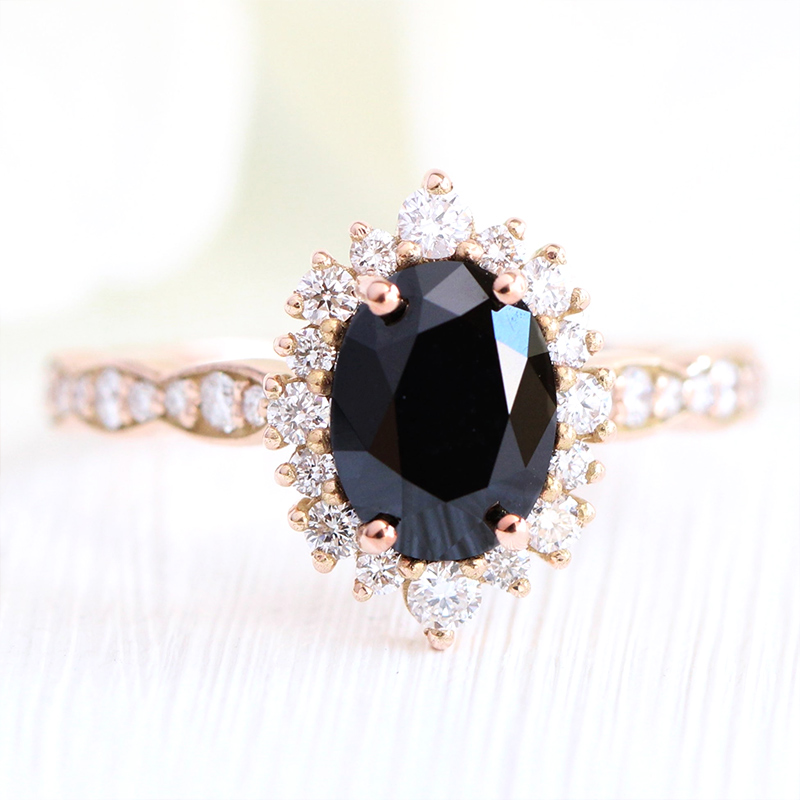 Oval Black Stone Halo Engagement Ring