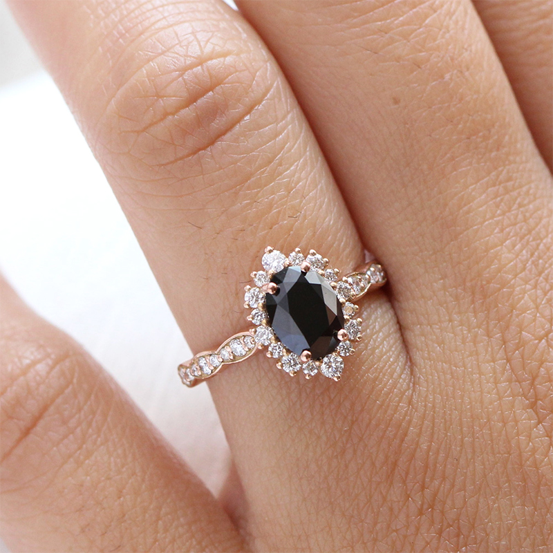Oval Black Stone Halo Engagement Ring