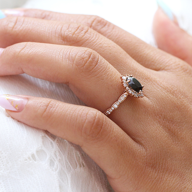 Oval Black Stone Halo Engagement Ring