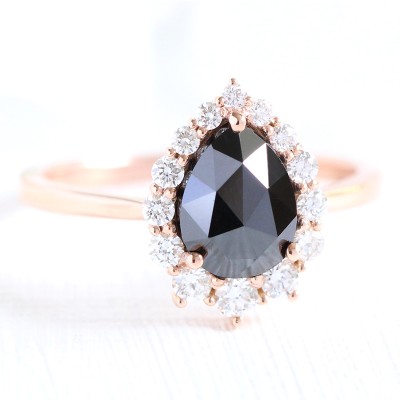 Pear Cut Black Stone Halo Engagement Ring in Rose Gold