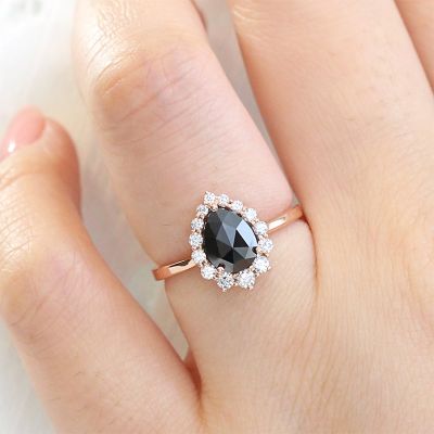 Pear Cut Black Stone Halo Engagement Ring in Rose Gold
