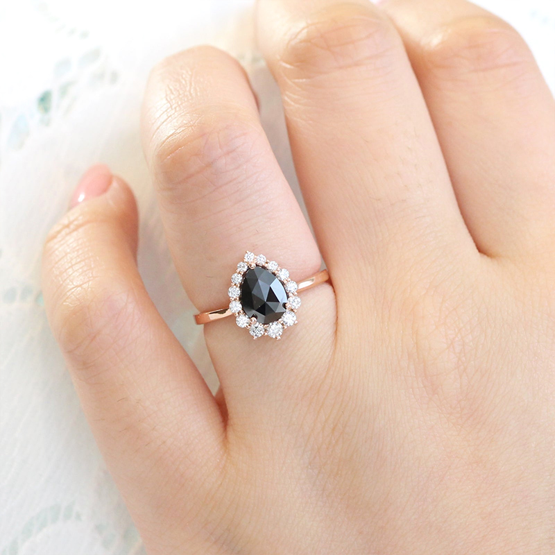 Pear Cut Black Stone Halo Engagement Ring in Rose Gold