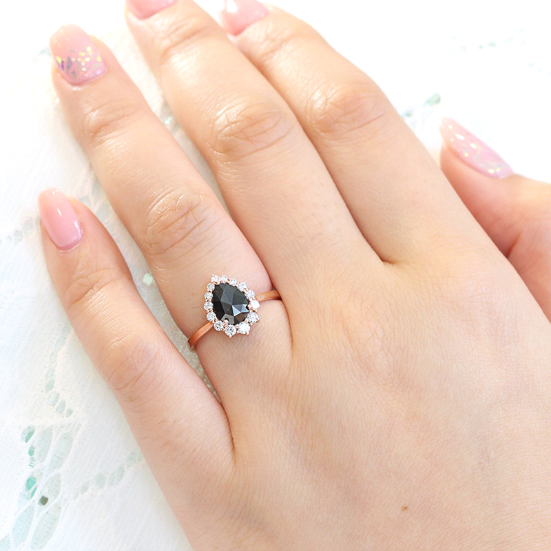 Pear Cut Black Stone Halo Engagement Ring in Rose Gold