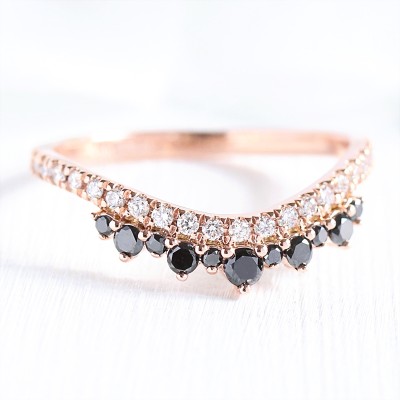 Crown Curved Black and White Stone Wedding Band Ring
