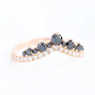 Double Rows Crown Curved Black and White Stone Wedding Band