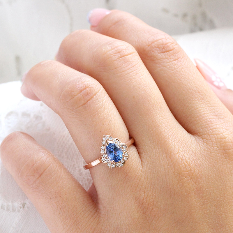 Pear Cut  Blue Sapphire Engagement Ring in  Rose Gold