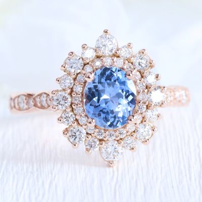 Double Halo Oval Cut Blue Sapphire Engagement Ring in Rose Gold