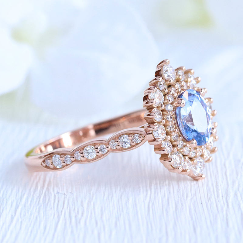 Double Halo Oval Cut Blue Sapphire Engagement Ring in Rose Gold