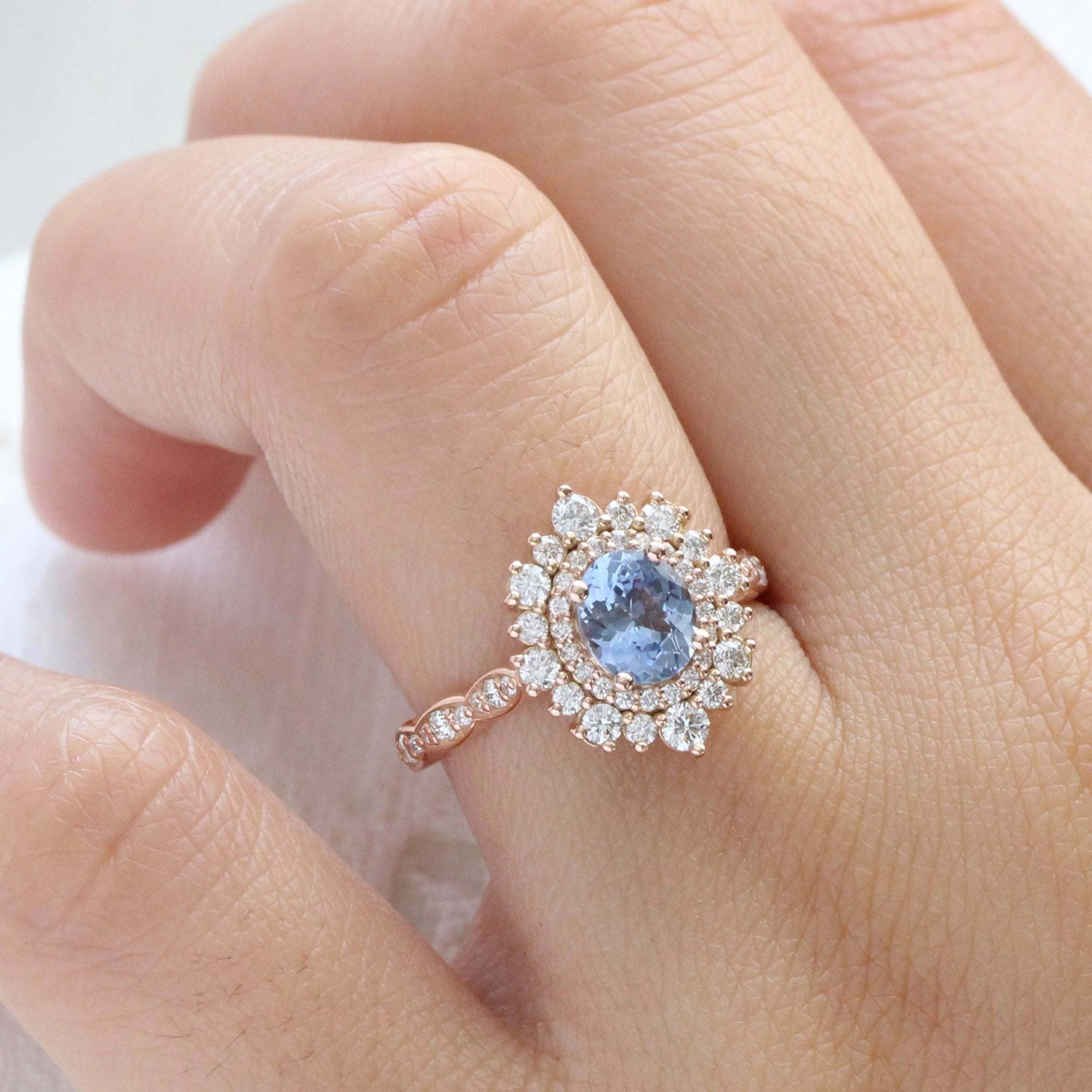 Double Halo Oval Cut Blue Sapphire Engagement Ring in Rose Gold