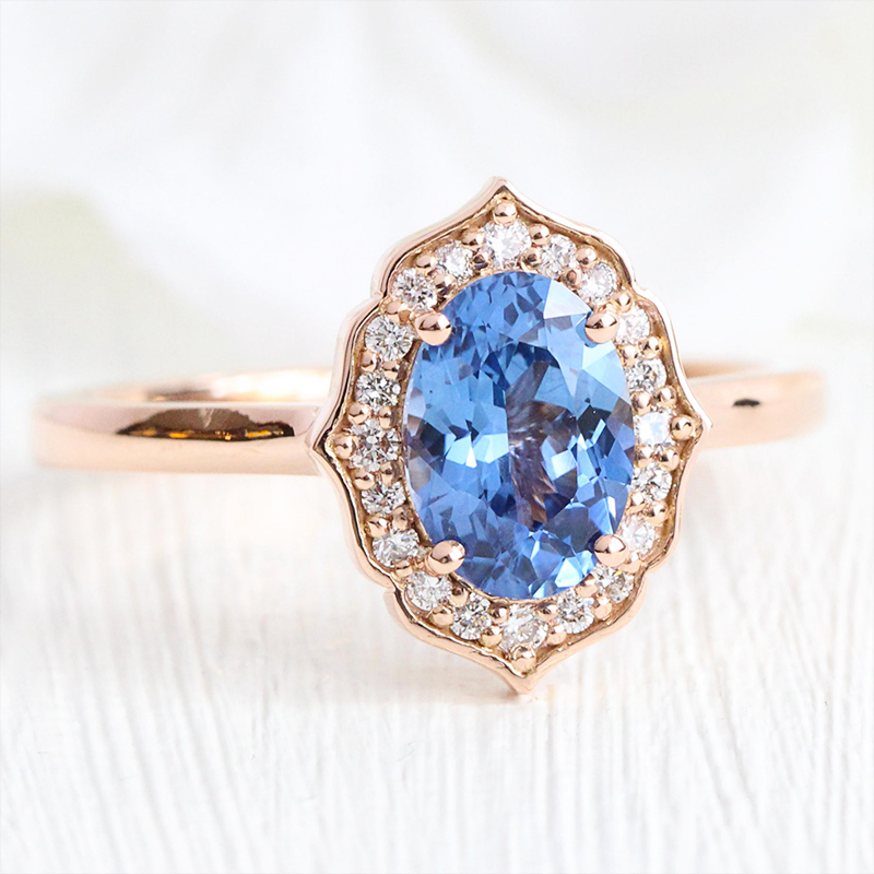 Vintage Floral Oval Cut  Blue Sapphire Engagement Ring in Rose Gold