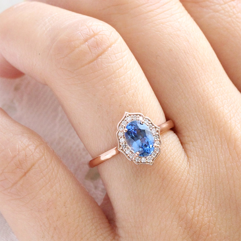 Vintage Floral Oval Cut  Blue Sapphire Engagement Ring in Rose Gold