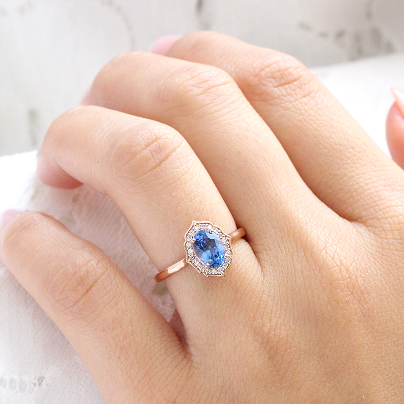 Vintage Floral Oval Cut  Blue Sapphire Engagement Ring in Rose Gold