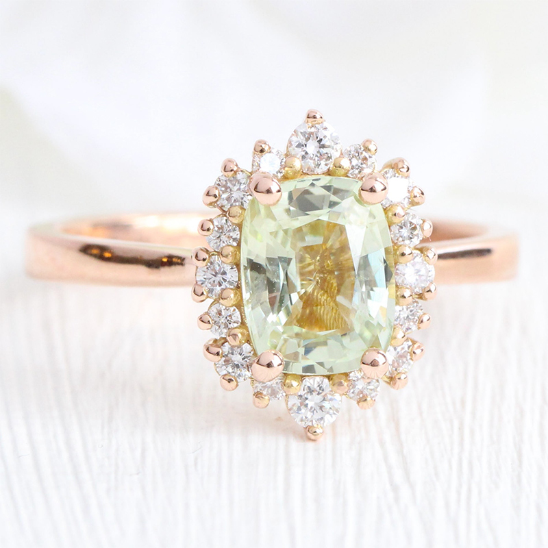 Halo Cushion Cut Light Green Sapphire Engagement Ring in  Rose Gold 