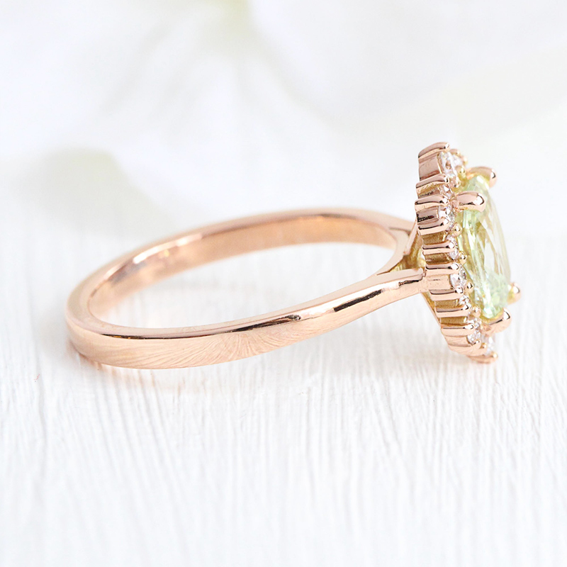 Halo Cushion Cut Light Green Sapphire Engagement Ring in  Rose Gold 