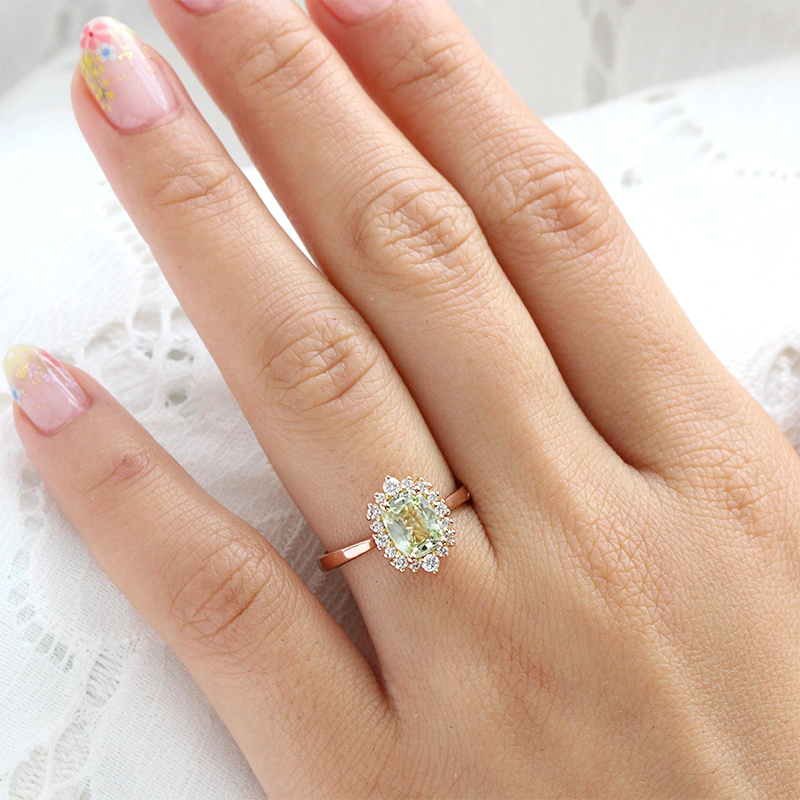 Halo Cushion Cut Light Green Sapphire Engagement Ring in  Rose Gold 