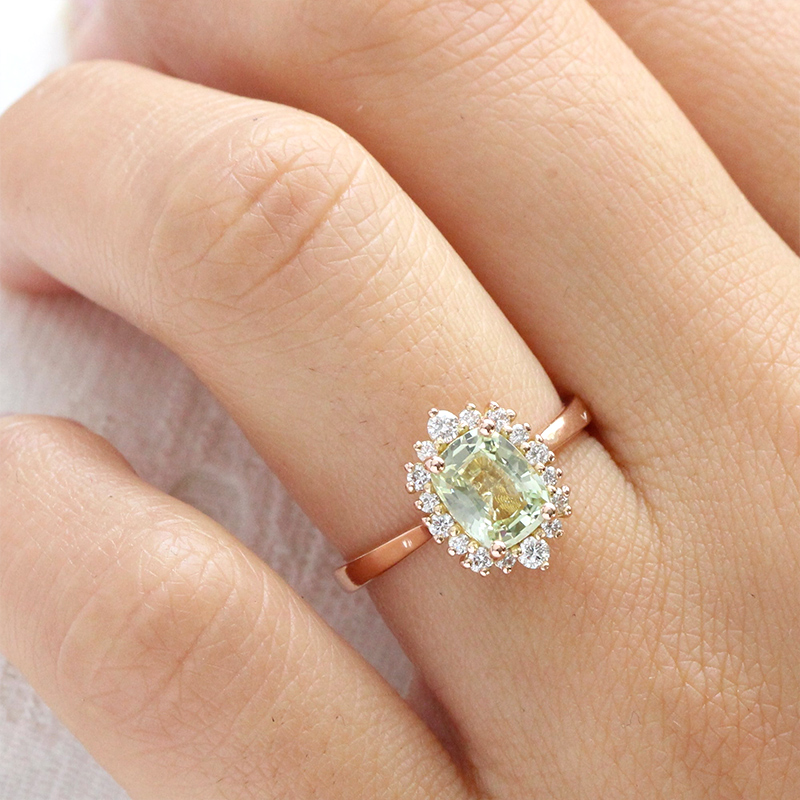 Halo Cushion Cut Light Green Sapphire Engagement Ring in  Rose Gold 