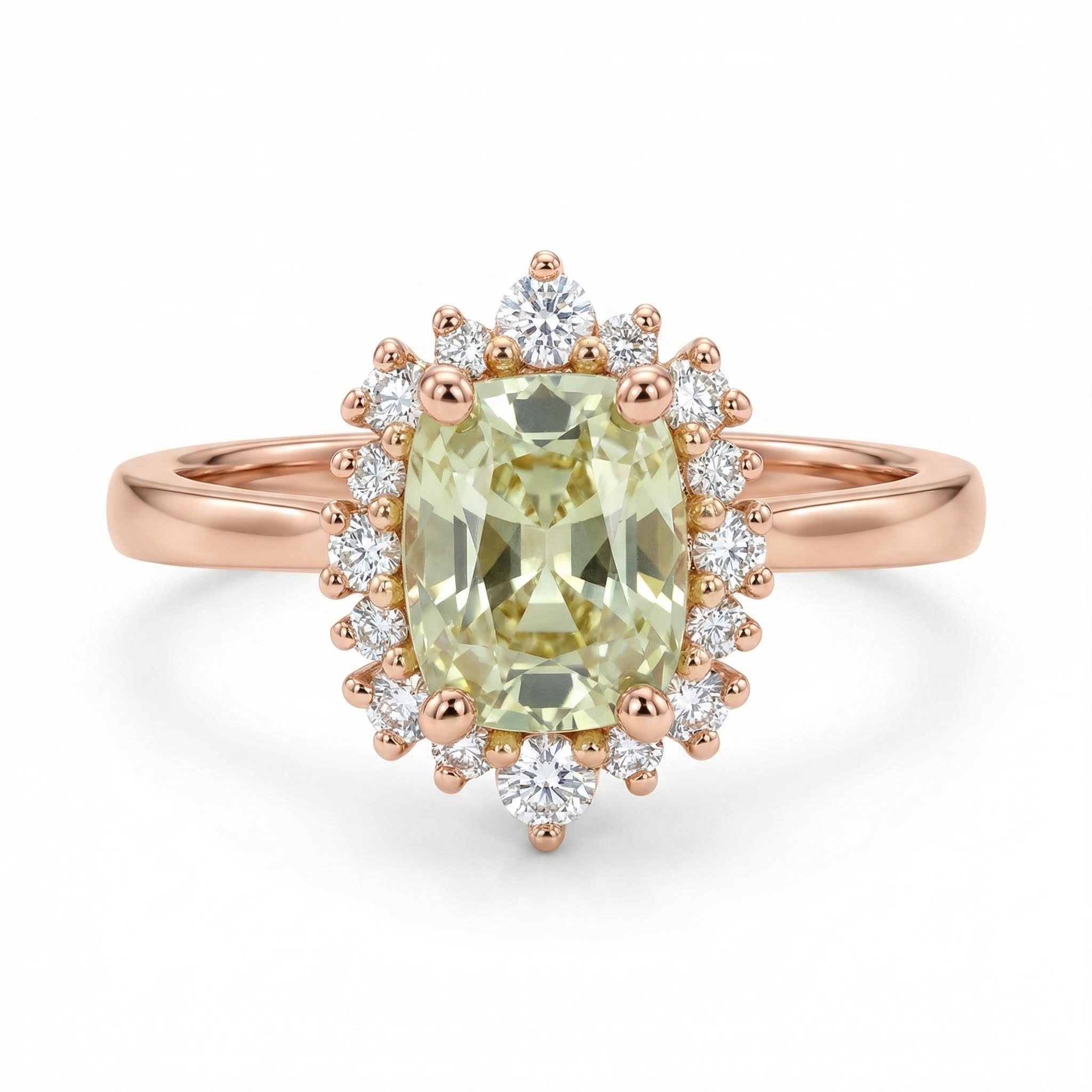 1.86CT Cushion & Round Cut Light Green Sapphire  Diamond S925 Silver Engagement Ring