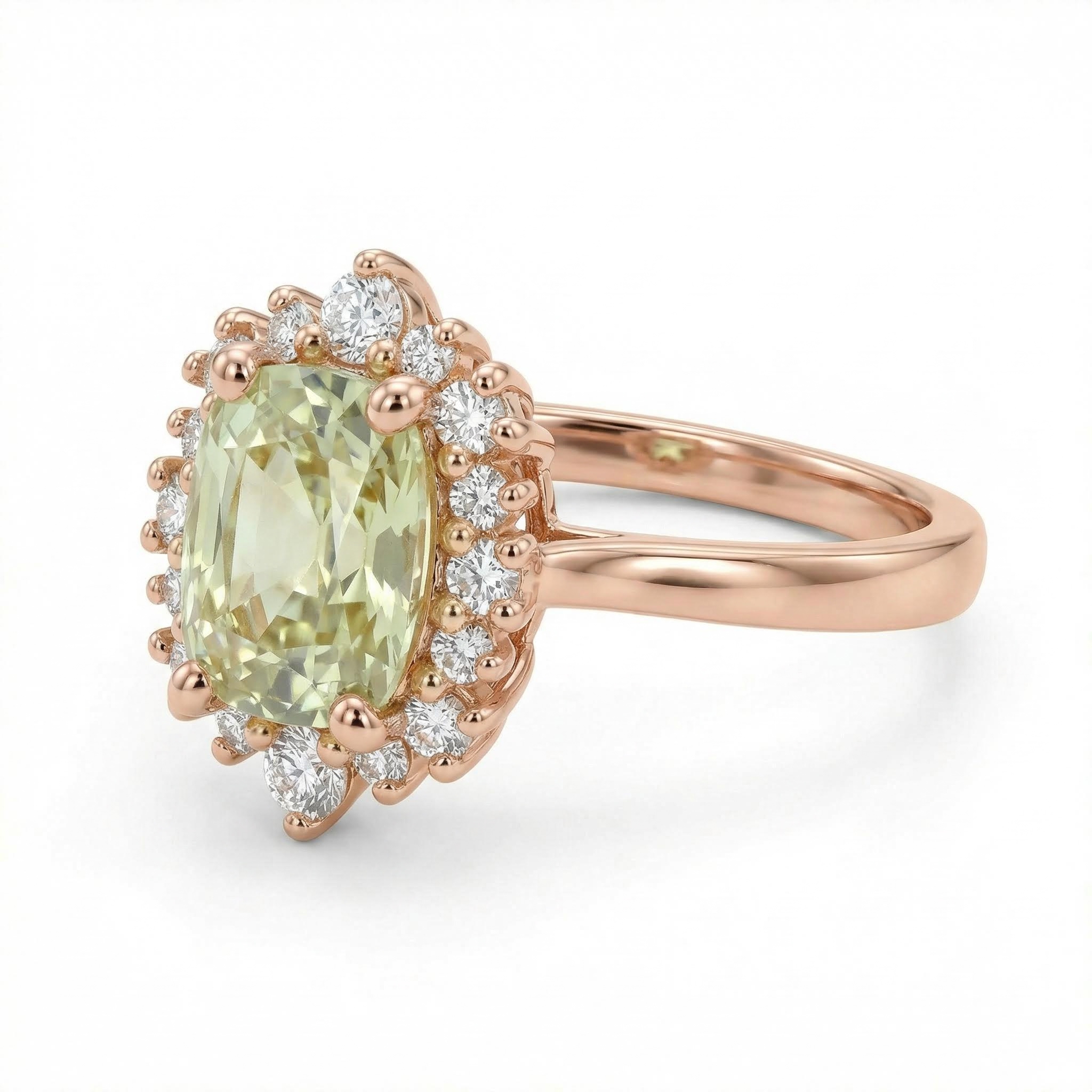 1.86CT Cushion & Round Cut Light Green Sapphire  Diamond S925 Silver Engagement Ring