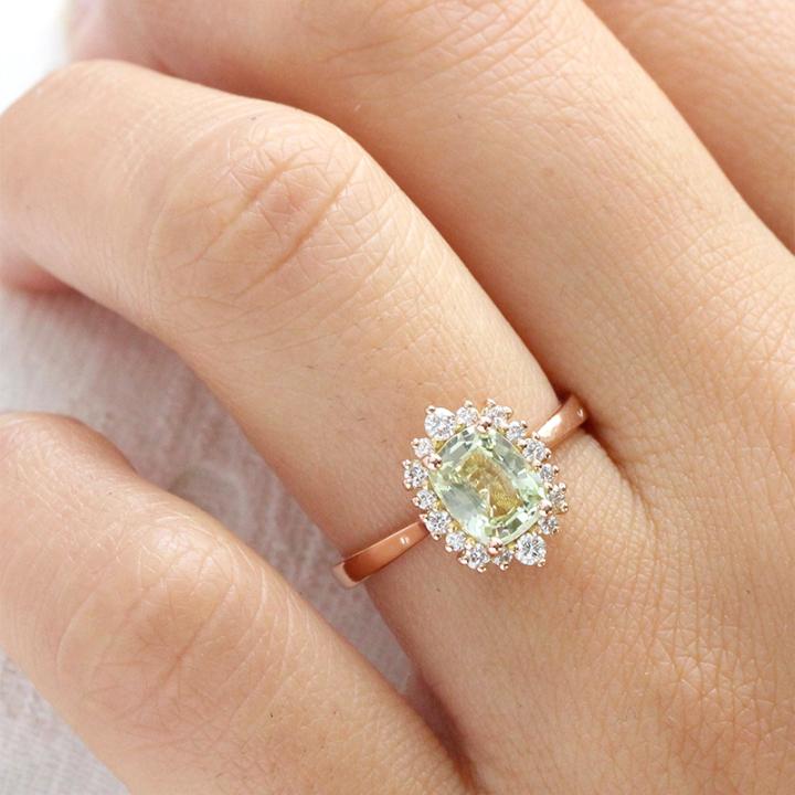 1.86CT Cushion & Round Cut Light Green Sapphire  Diamond S925 Silver Engagement Ring