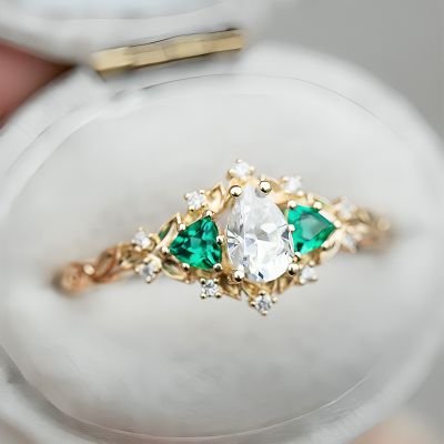 Three stones Pear Cut and Triangle Emerald Stone Engagement Ring