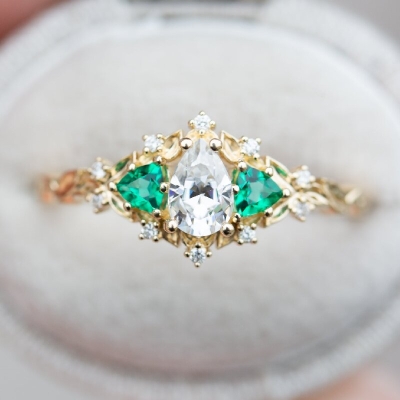 Three stones Pear Cut and Triangle Emerald Stone Engagement Ring