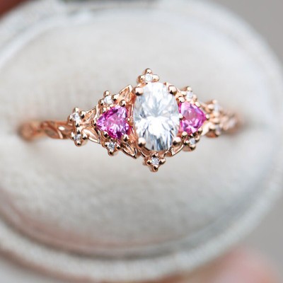 Three Stones with Pink Sapphire Engagement Ring in 18K Rose Gold