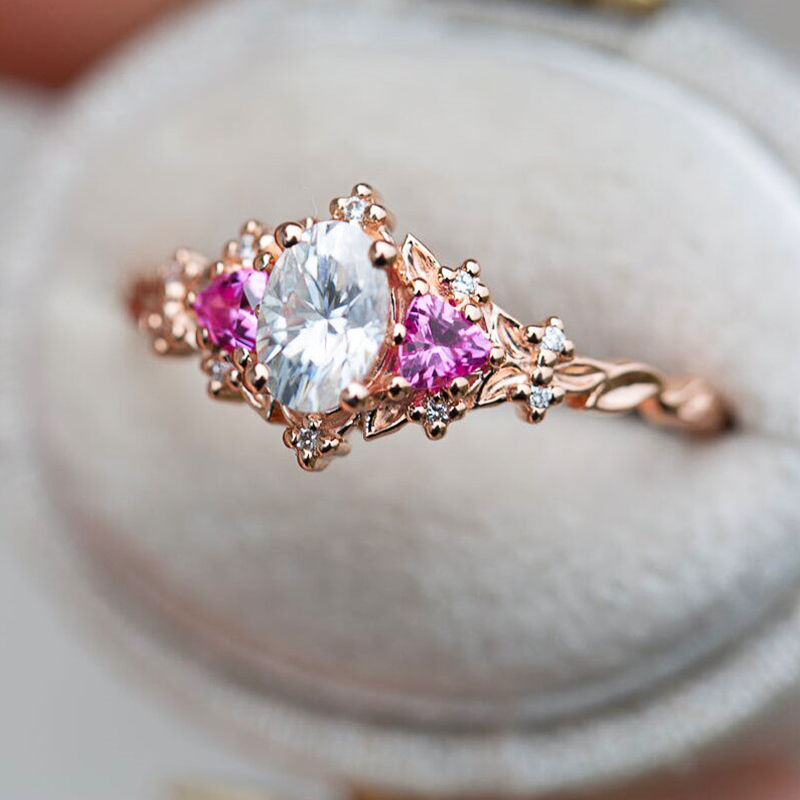 Three Stones with Pink Sapphire Engagement Ring in 18K Rose Gold