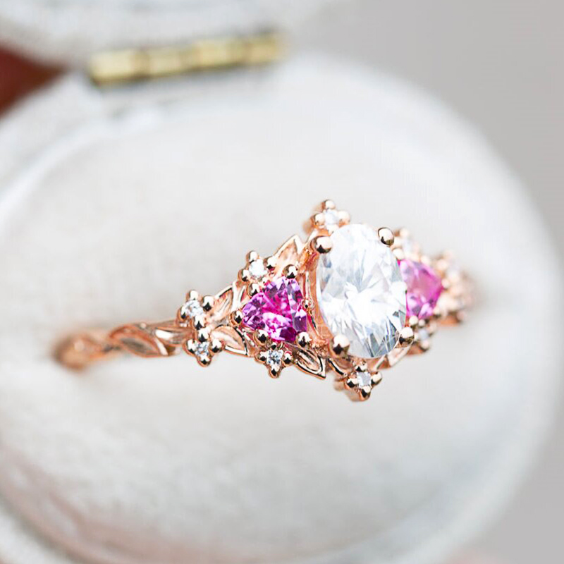 Three Stones with Pink Sapphire Engagement Ring in 18K Rose Gold