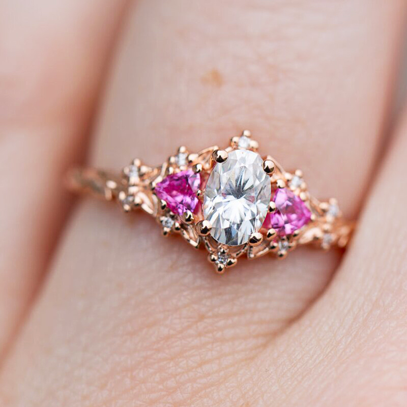 Three Stones with Pink Sapphire Engagement Ring in 18K Rose Gold