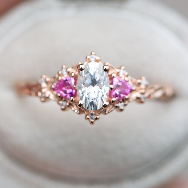 Three Stones with Pink Sapphire Engagement Ring in 18K Rose Gold