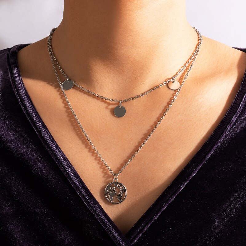 Hollow Out World Map Pendant Wafer Choker Layered  Necklace