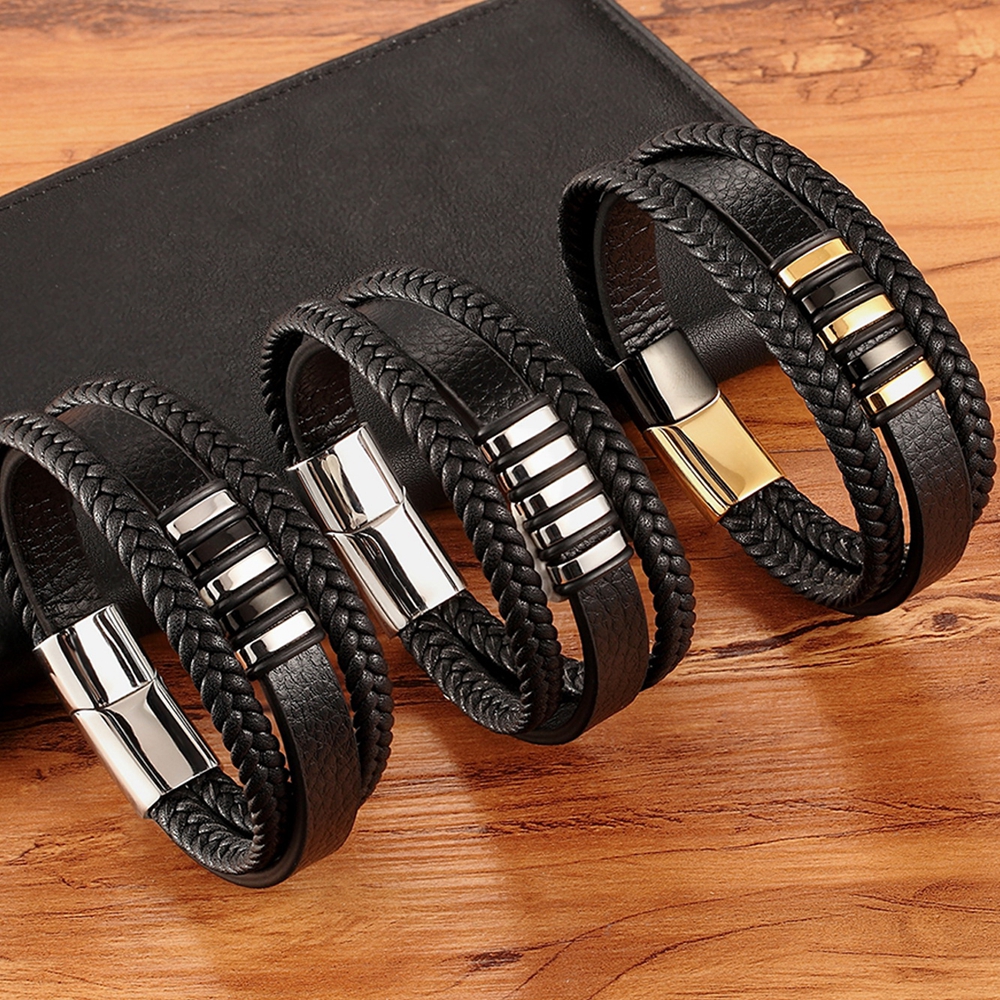 Men's Braid Leather Bracelet with Steel