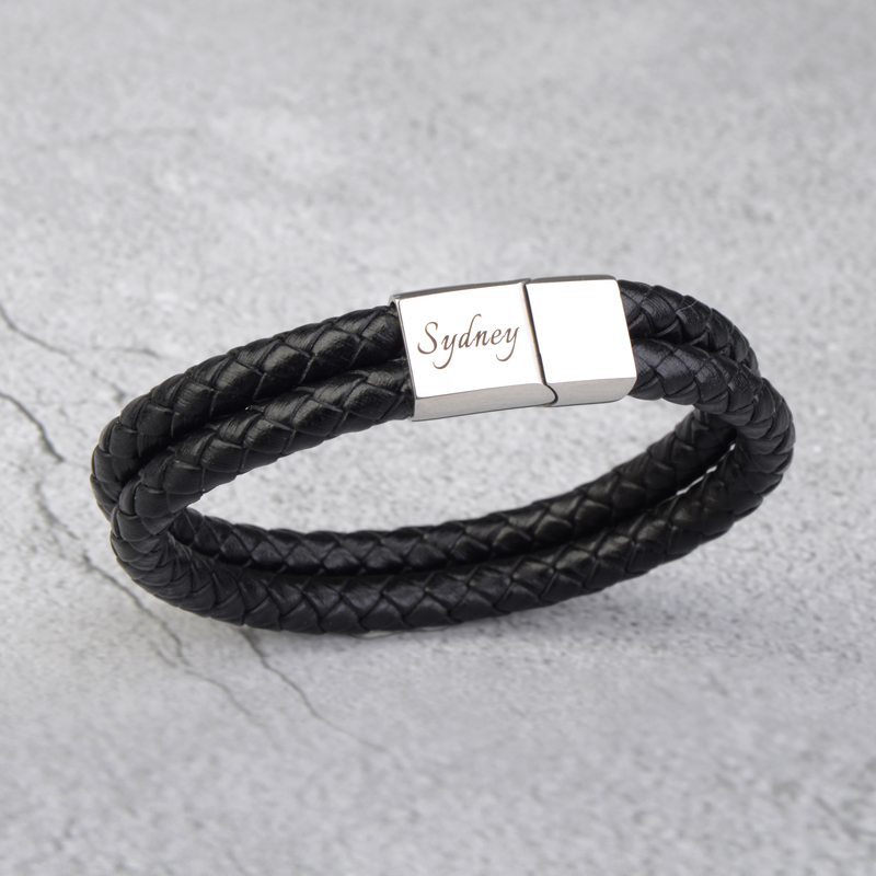 Custom Men Engraved Bracelet in Stainless Steel and Black Leather