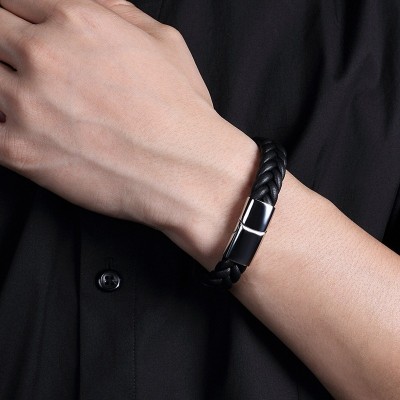 Men's Black Braid Leather Bracelet with Steel Magnetic Clasp