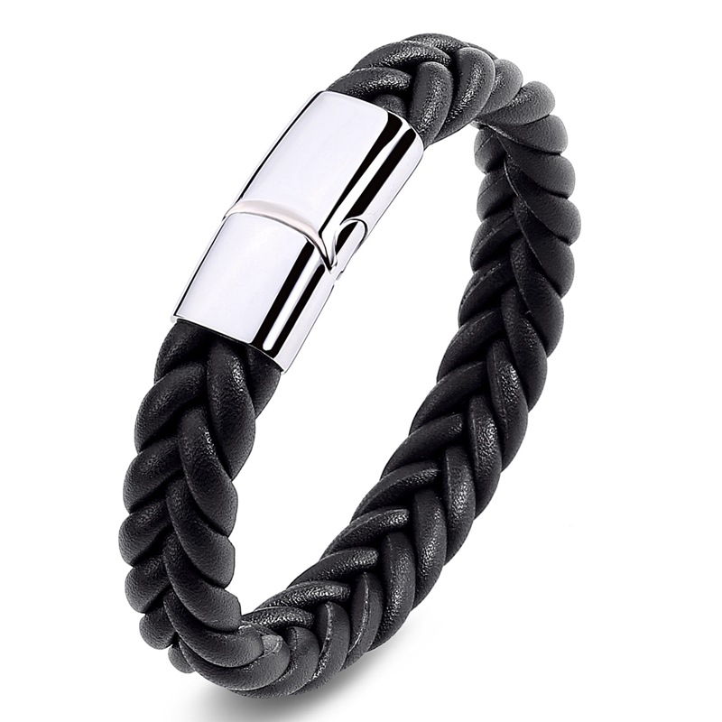 Men's Black Braid Leather Bracelet with Steel Magnetic Clasp