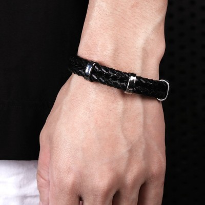 Men's Braid Leather Bracelet with Stainless Steel