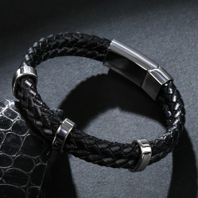 Men's Braid Leather Bracelet with Stainless Steel