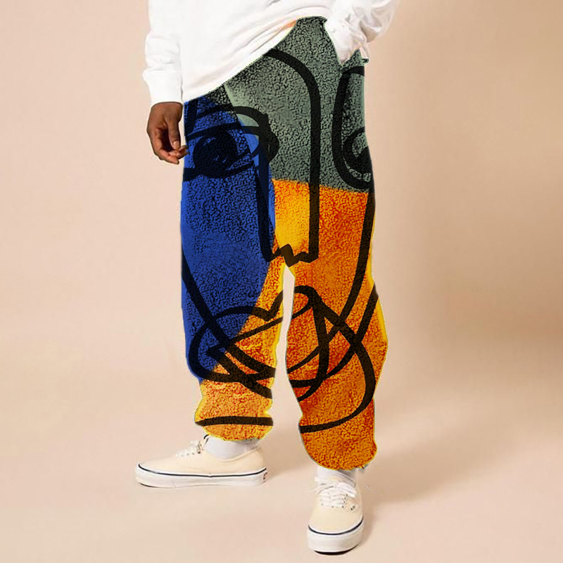 Color Block Art Portrait Flannel Casual Pants