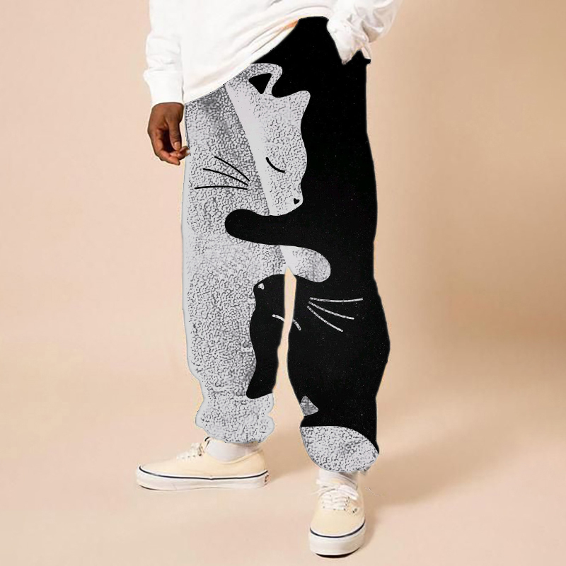 Two-Tone Cat Print Flannel Casual Pants