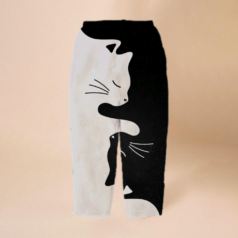 Two-Tone Cat Print Flannel Casual Pants