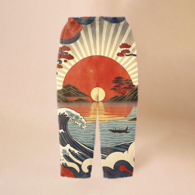 Ukiyoe Wave Sunrise Print Flannel Casual Pants