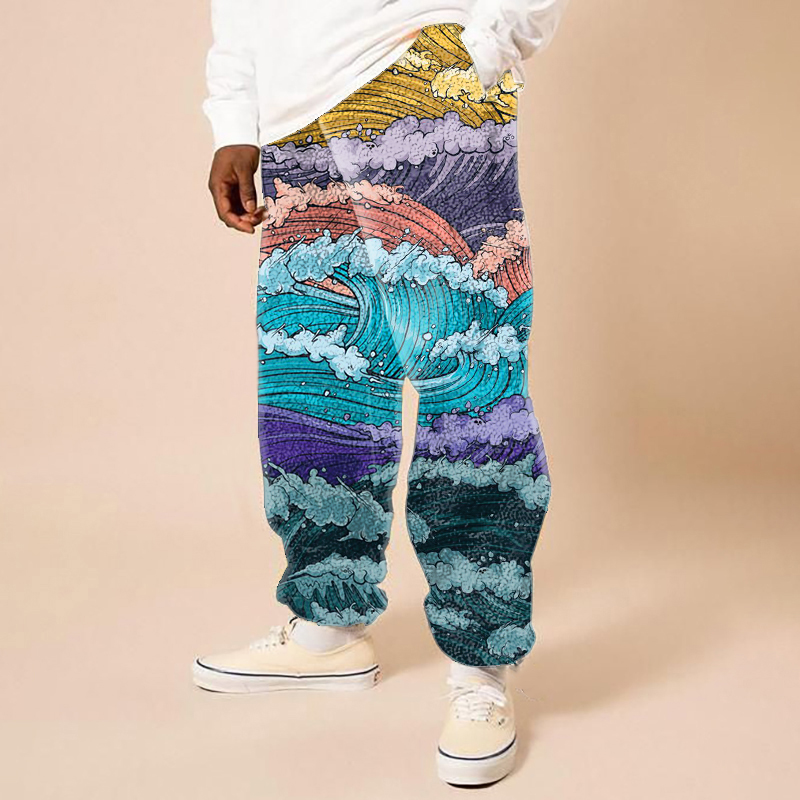 Colorful Wave Print Flannel Casual Pants