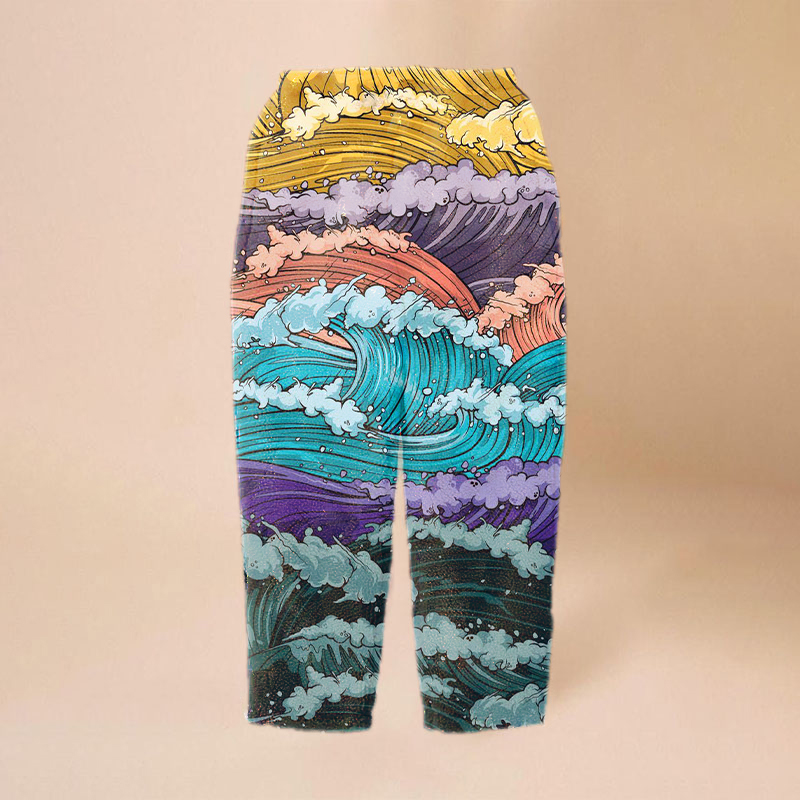 Colorful Wave Print Flannel Casual Pants